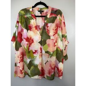 Investments Plus Size Ruffled Sleeve Blouse W Large Flower Blossom Print Size 2X